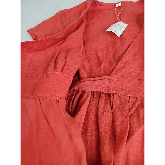 Grae Cove Linen Dress M Orange Wrap Tie Pockets V Neck Praire Cottagecore NEW - Picture 6 of 13